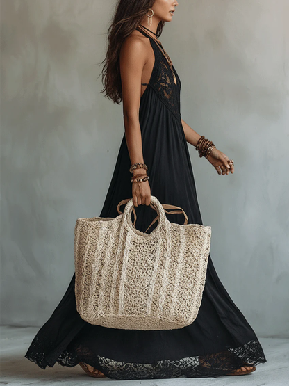 Abito Maxi Nero Senza Maniche con Pizzo Bohemien