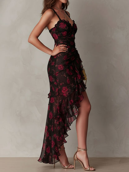 Abito Chic Nero e Rosso con Fiori e Rouches