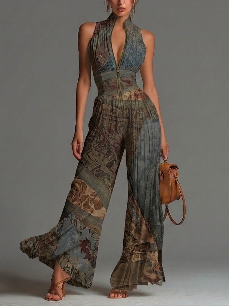 Tuta Senza Maniche in Chiffon con Stampa Etnica Bohemien
