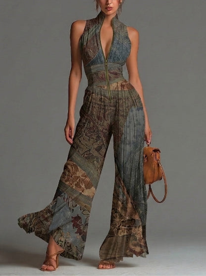 Tuta Senza Maniche in Chiffon con Stampa Etnica Bohemien