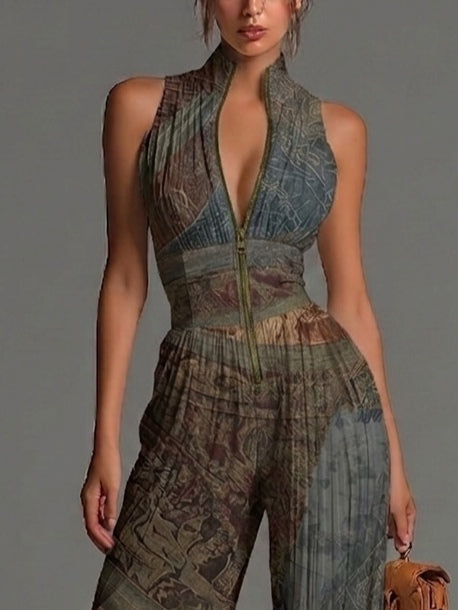 Tuta Senza Maniche in Chiffon con Stampa Etnica Bohemien