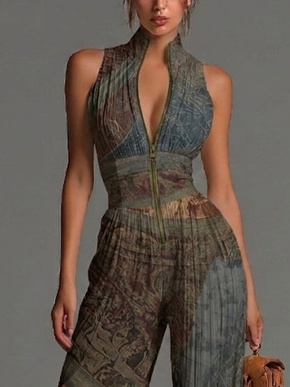 Tuta Senza Maniche in Chiffon con Stampa Etnica Bohemien