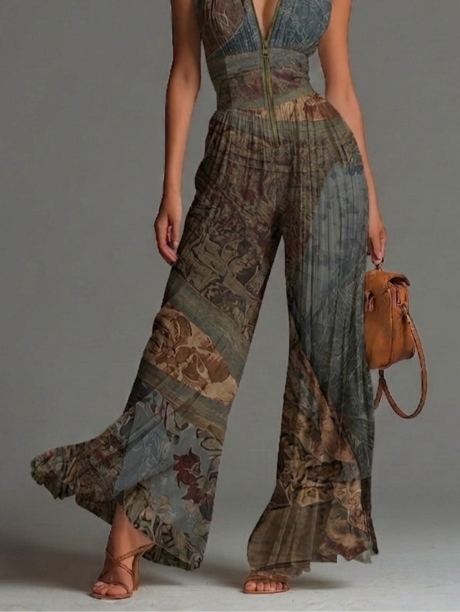 Tuta Senza Maniche in Chiffon con Stampa Etnica Bohemien
