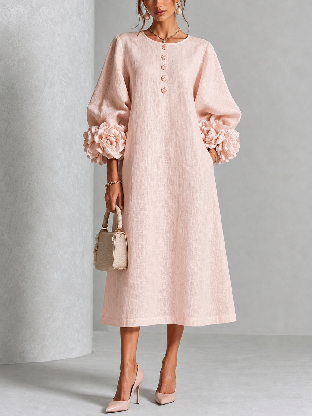 Aurora | Vestido Midi Floral con Puños de Rosa