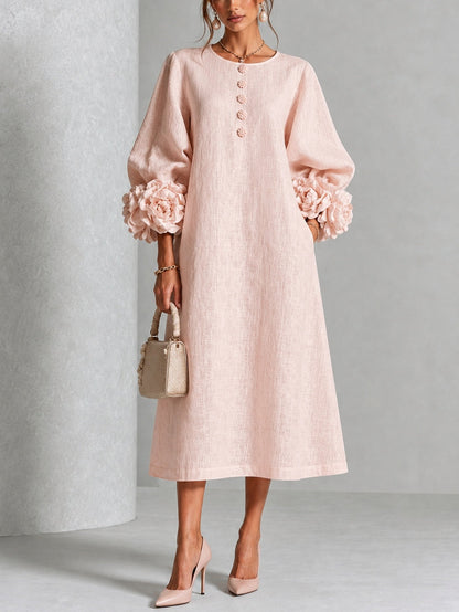 Aurora | Vestido Midi Floral con Puños de Rosa