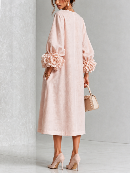 Aurora | Vestido Midi Floral con Puños de Rosa