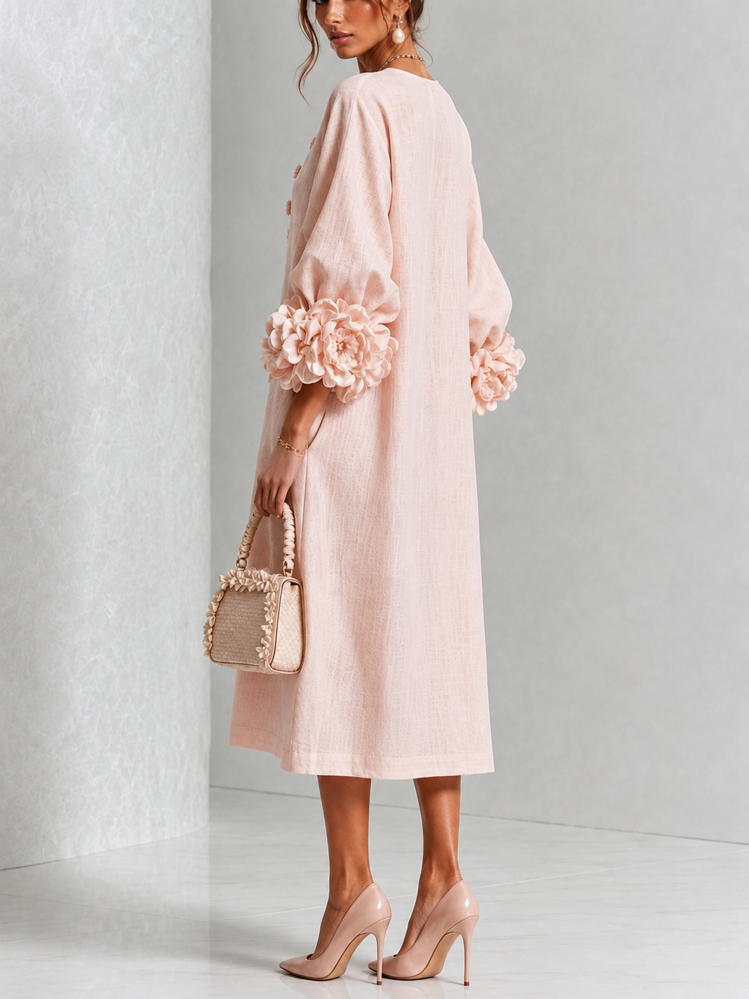 Aurora | Vestido Midi Floral con Puños de Rosa