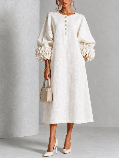 Aurora | Vestido Midi Floral con Puños de Rosa