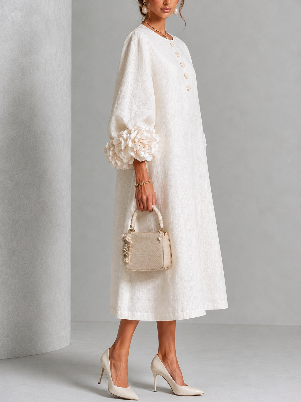 Aurora | Vestido Midi Floral con Puños de Rosa