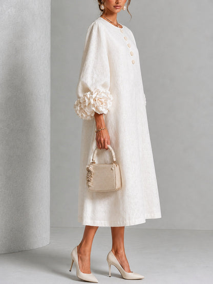 Aurora | Vestido Midi Floral con Puños de Rosa