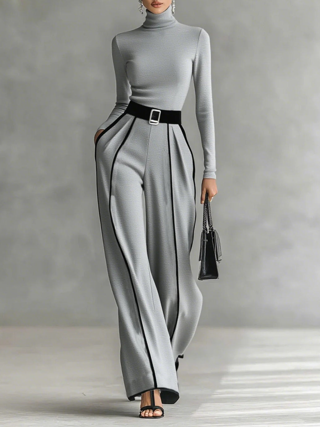 Masi™ - Conjunto de tops de cuello alto con mangas largas y pantalones de pierna ancha con cinturón