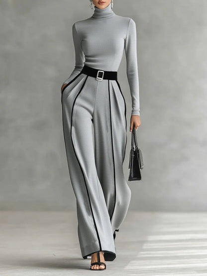 Masi™ - Conjunto de tops de cuello alto con mangas largas y pantalones de pierna ancha con cinturón