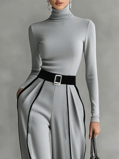 Masi™ - Conjunto de tops de cuello alto con mangas largas y pantalones de pierna ancha con cinturón
