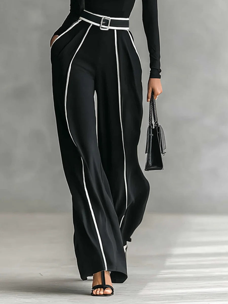 Masi™ - Conjunto de tops de cuello alto con mangas largas y pantalones de pierna ancha con cinturón
