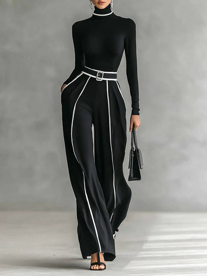 Masi™ - Conjunto de tops de cuello alto con mangas largas y pantalones de pierna ancha con cinturón
