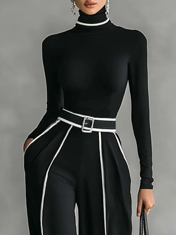 Masi™ - Conjunto de tops de cuello alto con mangas largas y pantalones de pierna ancha con cinturón