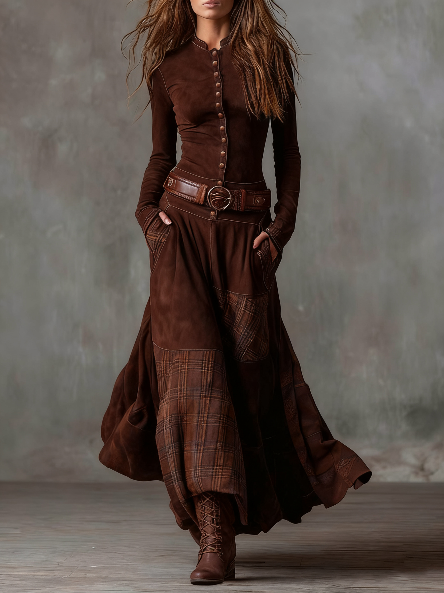 Amelia | Vestido largo vintage de cuadros (incluye cinturón)