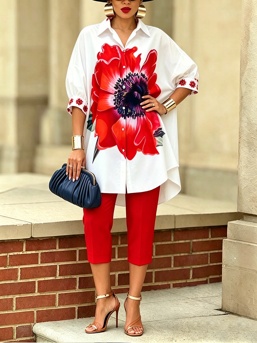 Camille - Conjunto de camisa y pantalón elegante estilo floral