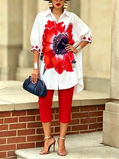 Camille - Conjunto de camisa y pantalón elegante estilo floral