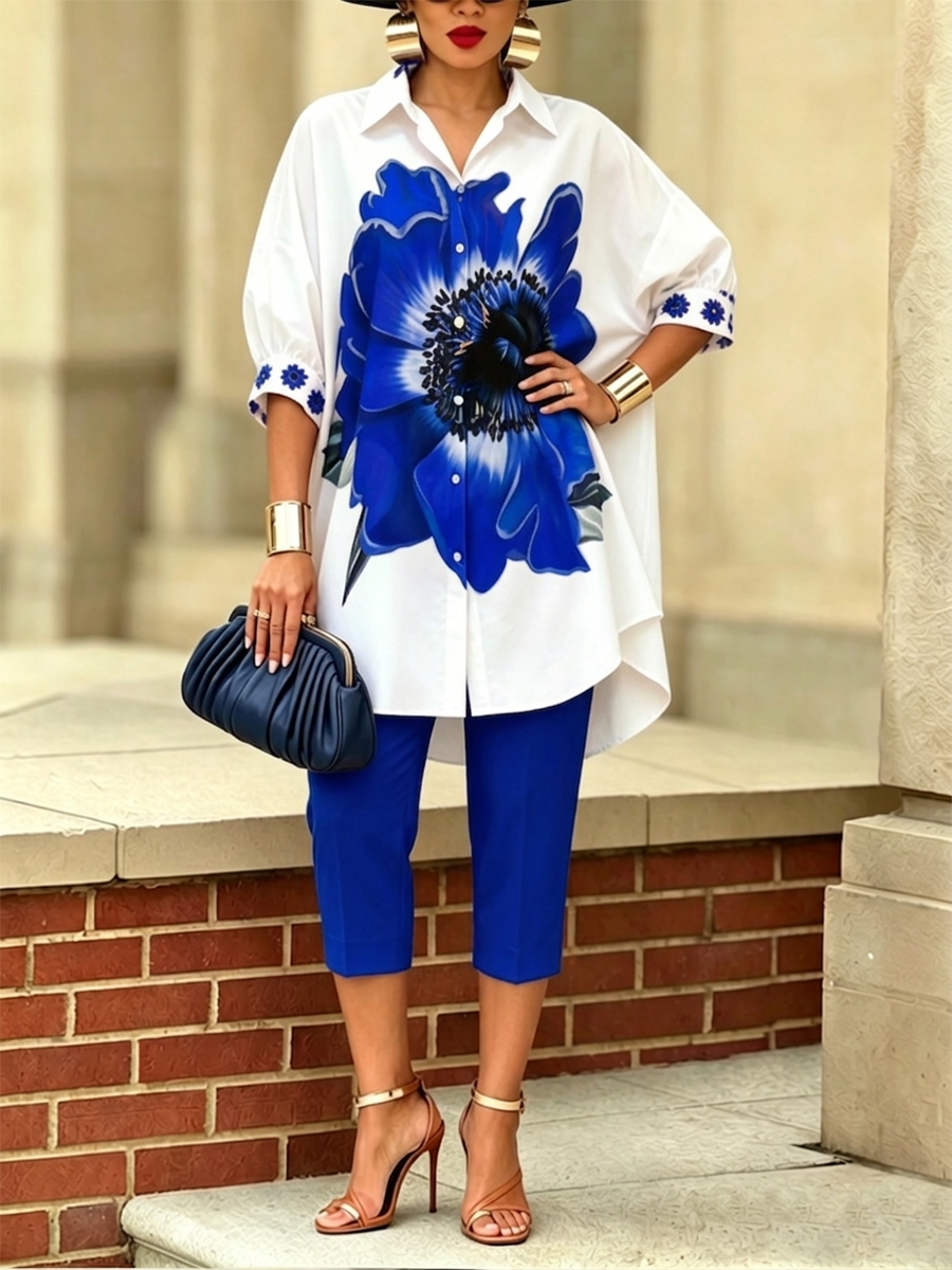 Camille - Conjunto de camisa y pantalón elegante estilo floral