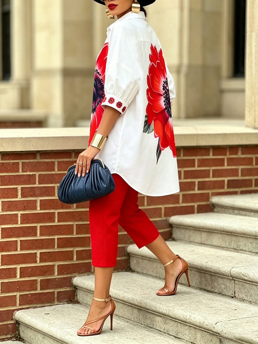 Camille - Conjunto de camisa y pantalón elegante estilo floral