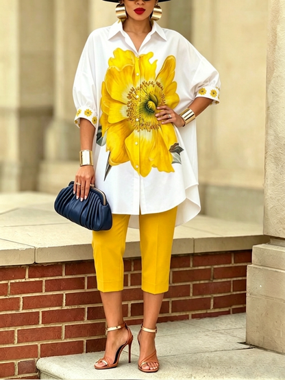 Camille - Conjunto de camisa y pantalón elegante estilo floral