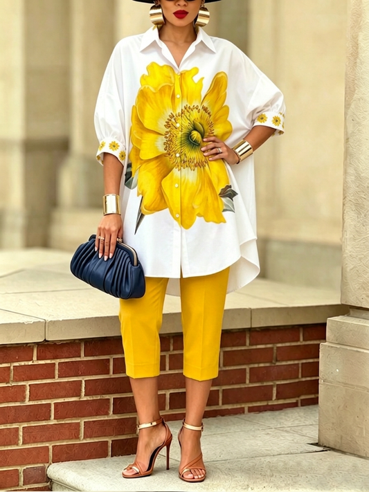 Camille - Conjunto de camisa y pantalón elegante estilo floral